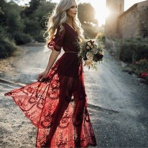 Honey Punch Red Wine Embroidered Floral Lace Overlay Maxi Romper Dress Women's S